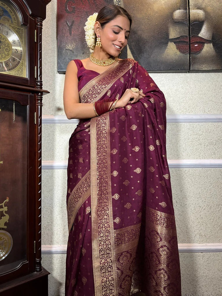 Lissome Wine Soft Silk Saree With Seraglio Blouse Piece