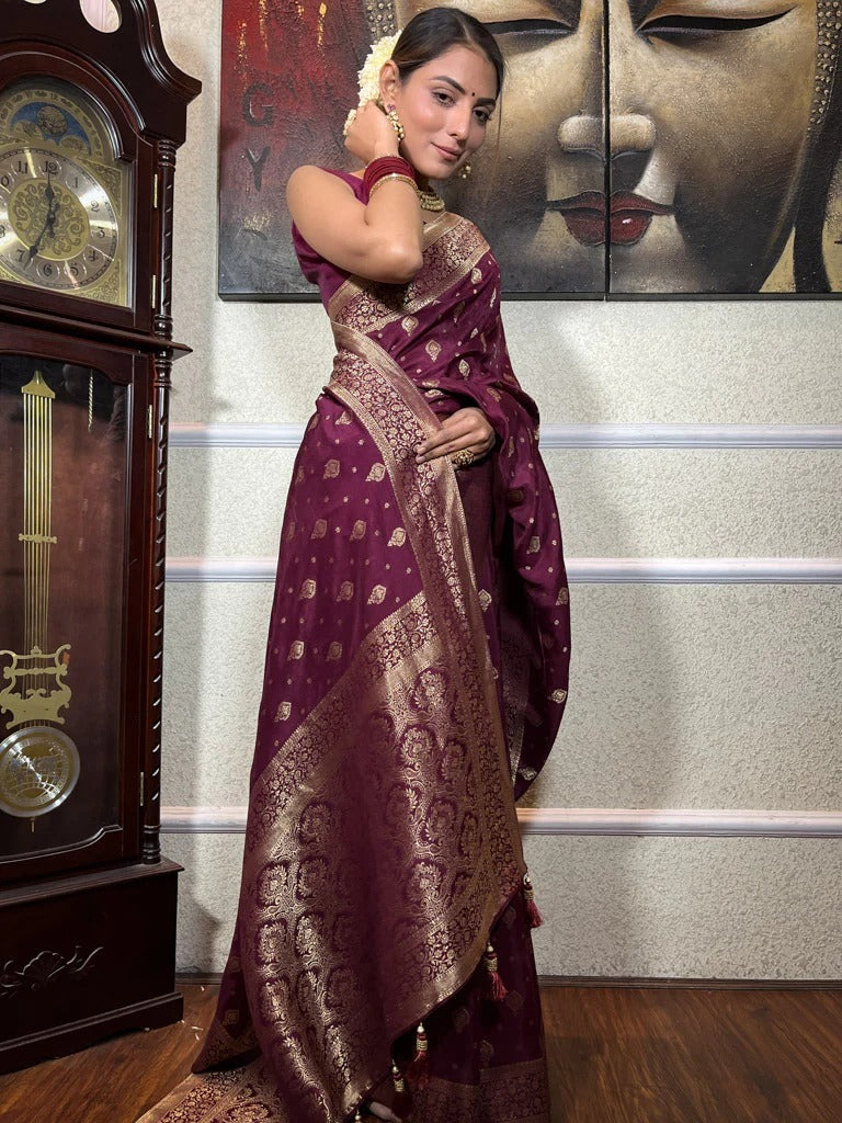 Lissome Wine Soft Silk Saree With Seraglio Blouse Piece