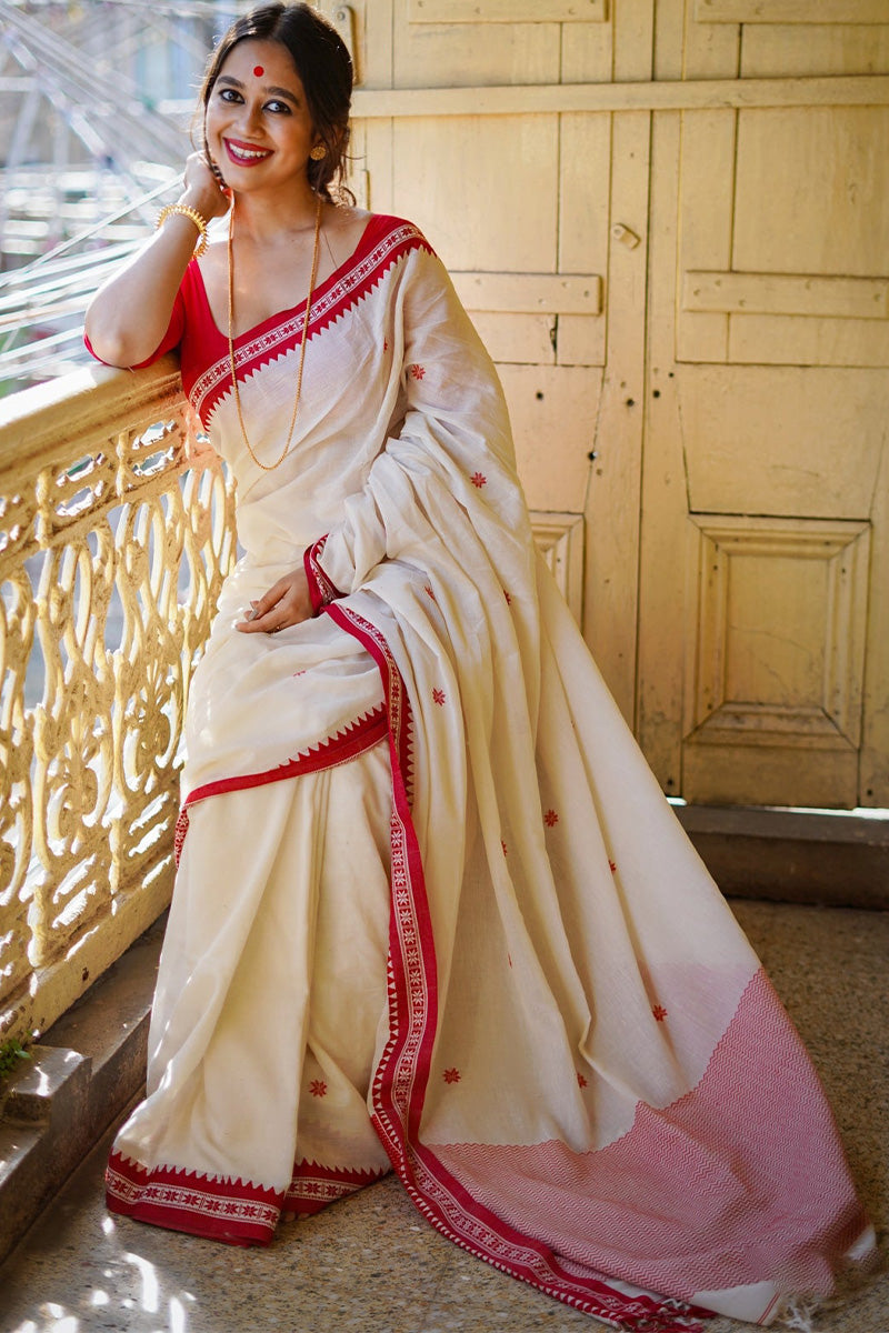 Rose White Maheshawari Cotton Silk Saree