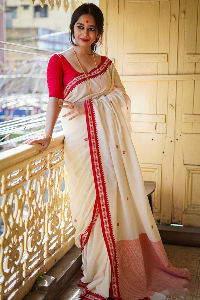 Rose White Maheshawari Cotton Silk Saree