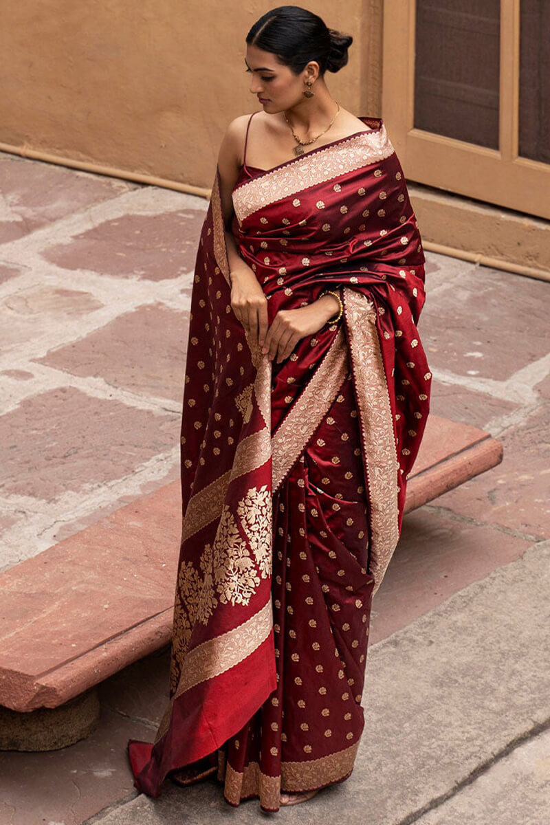 Jazzy Wine Soft Silk Saree With Fantabulous Blouse Pieced