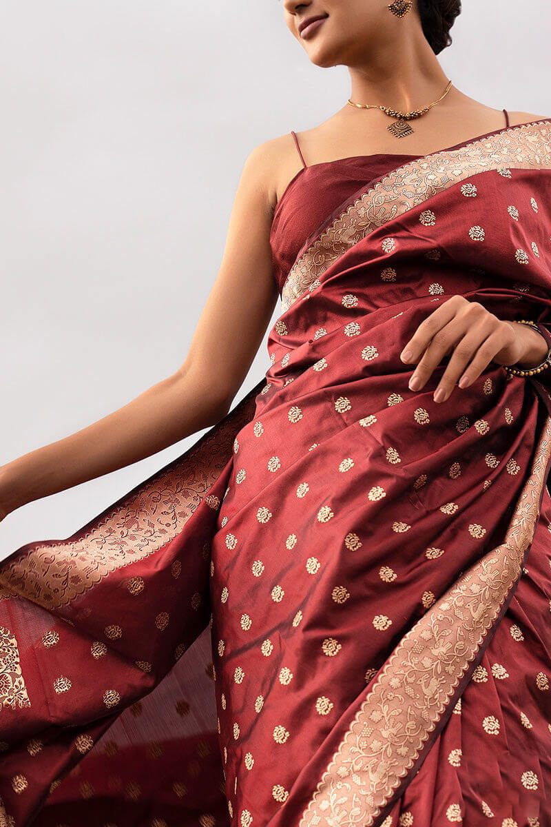 Jazzy Wine Soft Silk Saree With Fantabulous Blouse Pieced