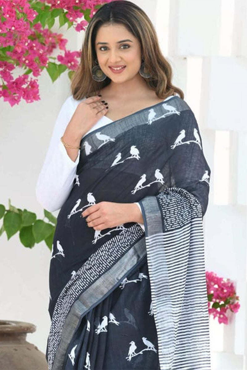 Charcoal Black Maheshawari Cotton Silk Saree