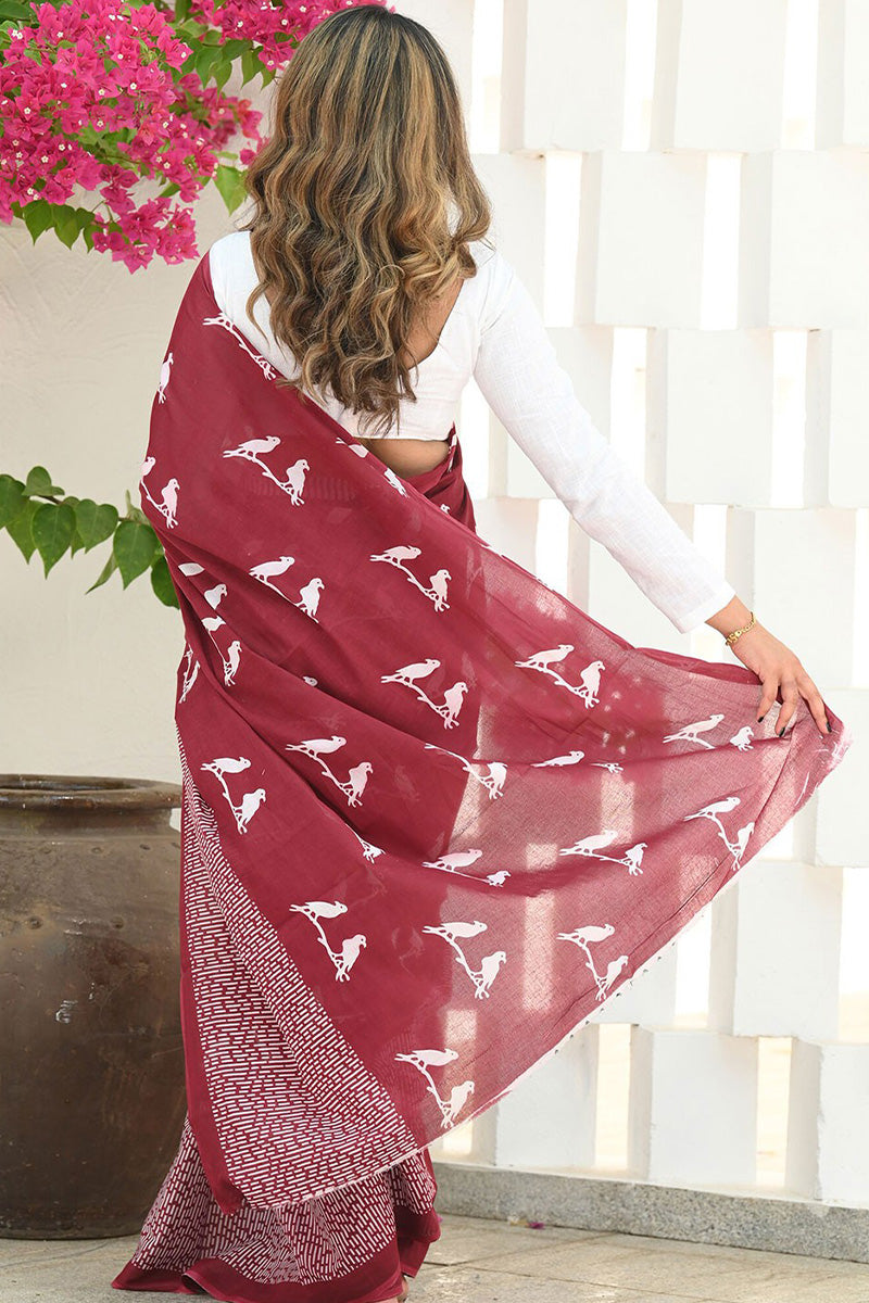 Smoky Maroon Maheshawari Cotton Silk Saree