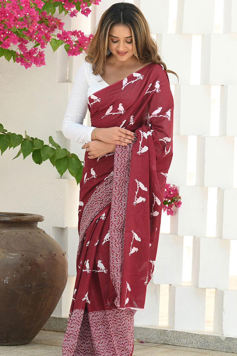 Smoky Maroon Maheshawari Cotton Silk Saree