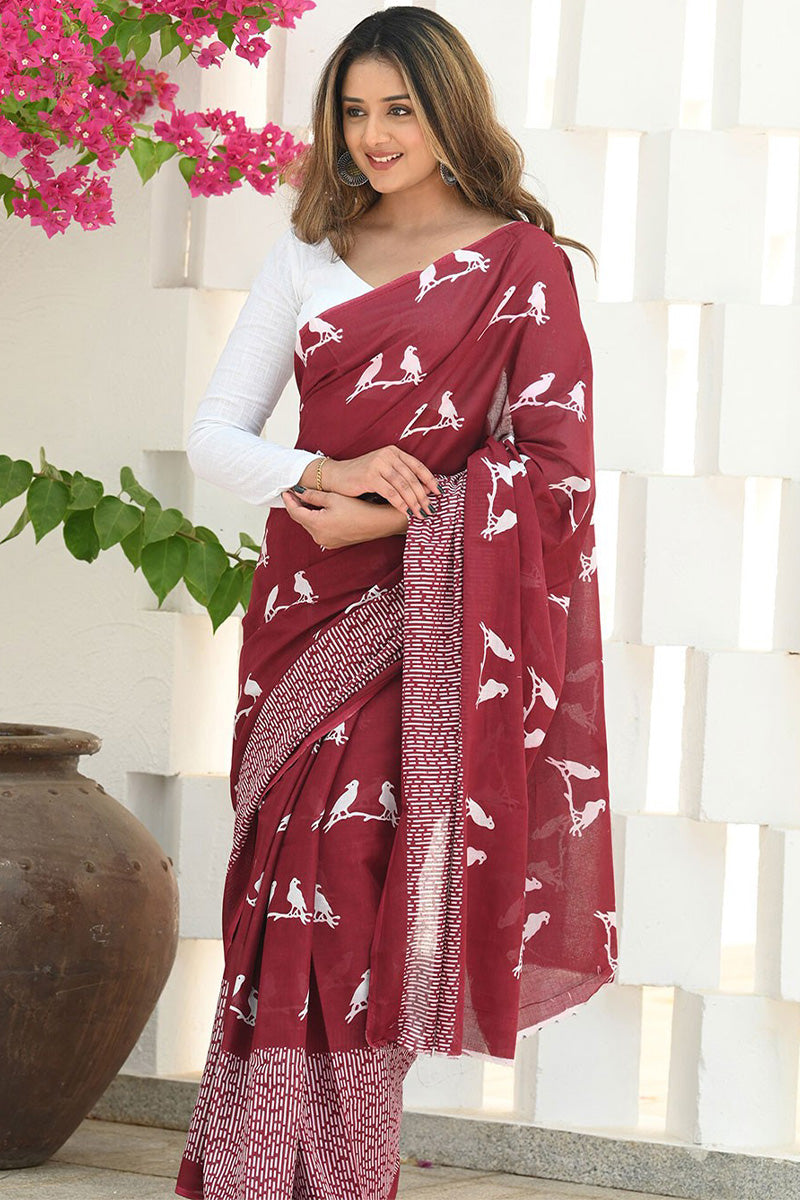 Smoky Maroon Maheshawari Cotton Silk Saree