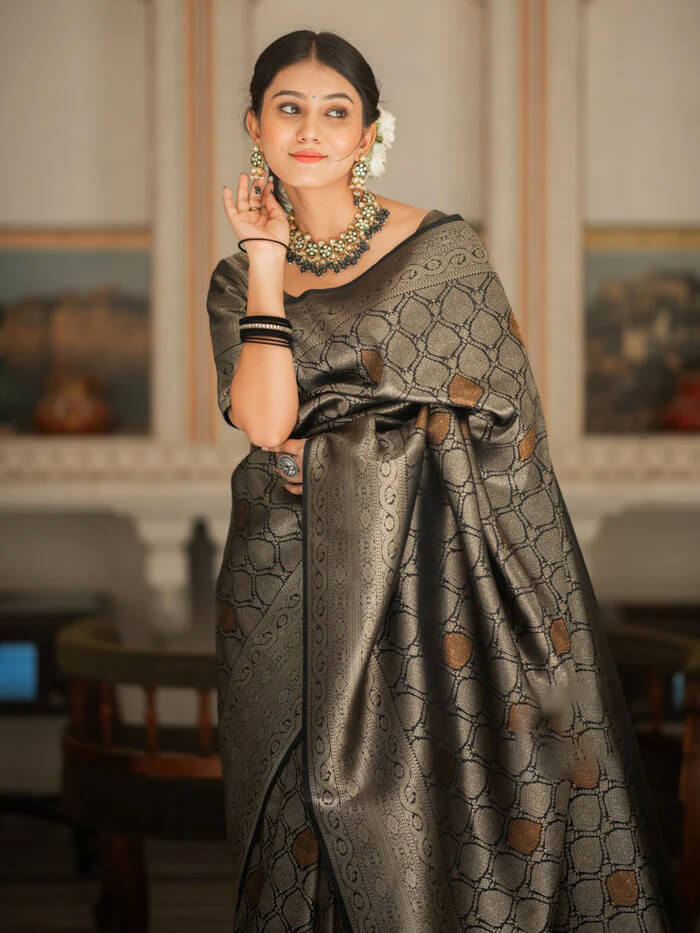 Desirable Black Soft Silk Saree With Traditional Blouse Piece