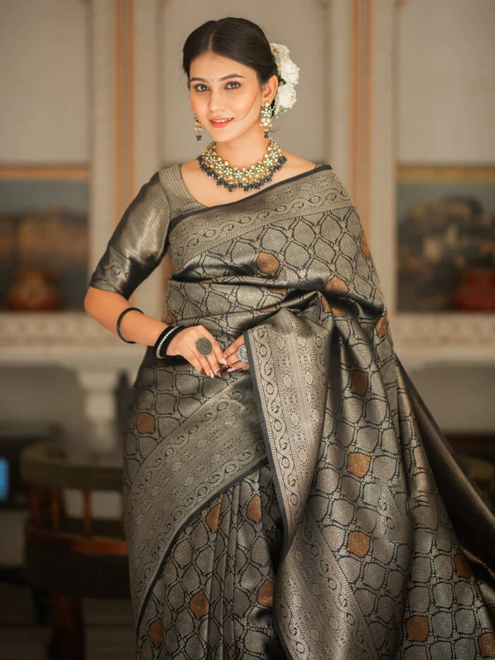 Desirable Black Soft Silk Saree With Traditional Blouse Piece
