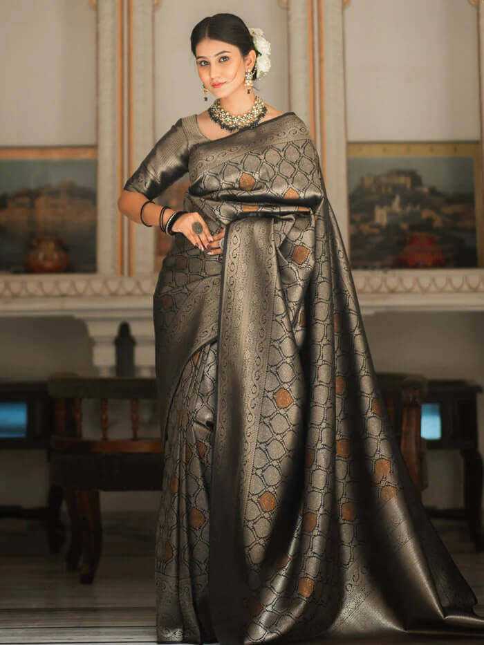 Desirable Black Soft Silk Saree With Traditional Blouse Piece