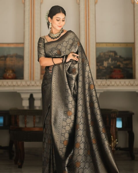 Desirable Black Soft Silk Saree With Traditional Blouse Piece