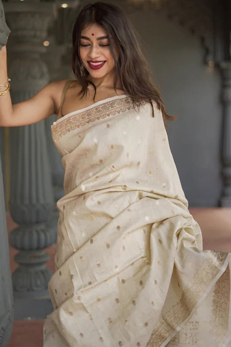 Magnetic Beige Linen Silk Saree With Splendorous Blouse Piece