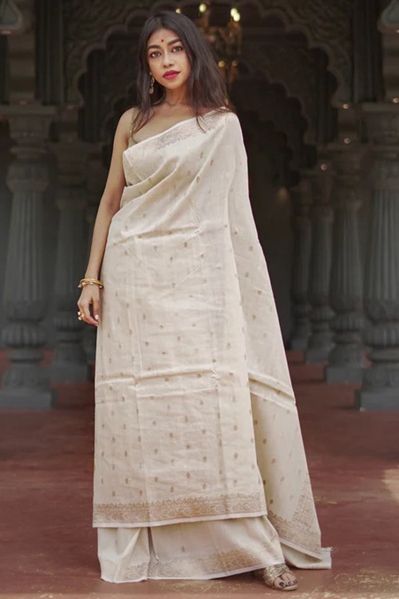 Magnetic Beige Linen Silk Saree With Splendorous Blouse Piece