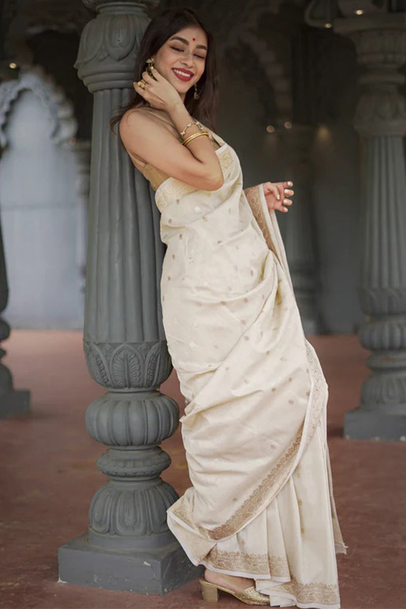 Magnetic Beige Linen Silk Saree With Splendorous Blouse Piece