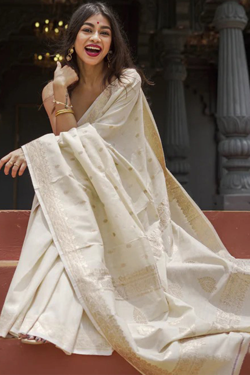 Magnetic Beige Linen Silk Saree With Splendorous Blouse Piece