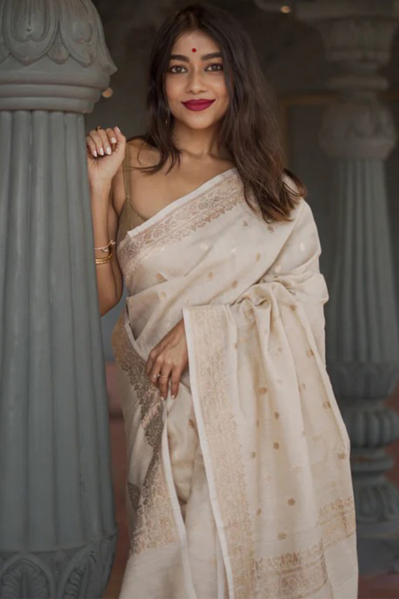 Magnetic Beige Linen Silk Saree With Splendorous Blouse Piece