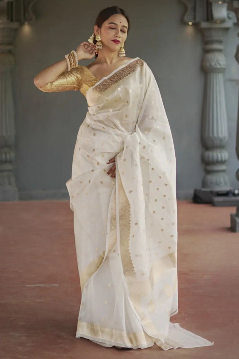 Opulent Off White  Linen Silk Saree With Scrupulous Blouse Piece