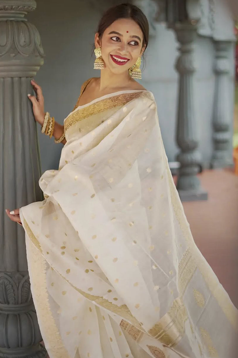 Opulent Off White  Linen Silk Saree With Scrupulous Blouse Piece