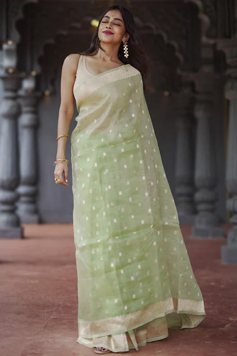 Inimitable Pista Linen Silk Saree With Glamorous Blouse Piece