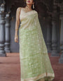 Inimitable Pista Linen Silk Saree With Glamorous Blouse Piece