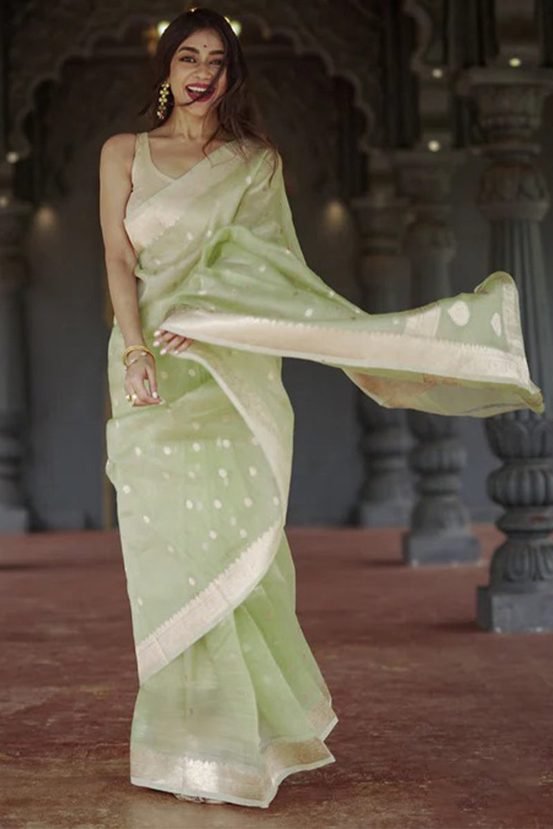 Inimitable Pista Linen Silk Saree With Glamorous Blouse Piece