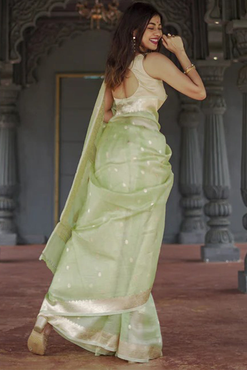 Inimitable Pista Linen Silk Saree With Glamorous Blouse Piece