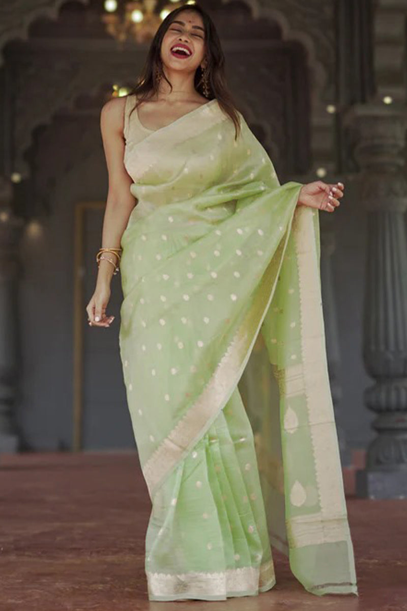 Inimitable Pista Linen Silk Saree With Glamorous Blouse Piece