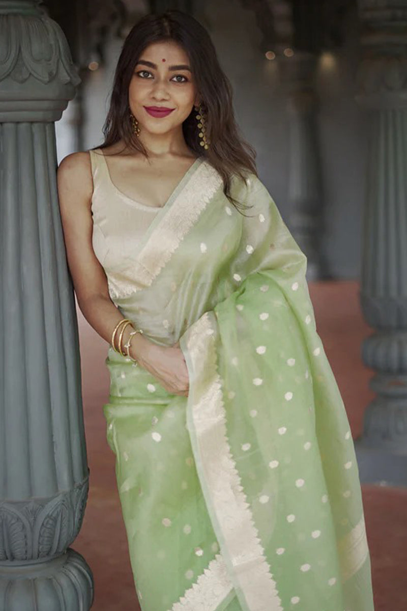 Inimitable Pista Linen Silk Saree With Glamorous Blouse Piece