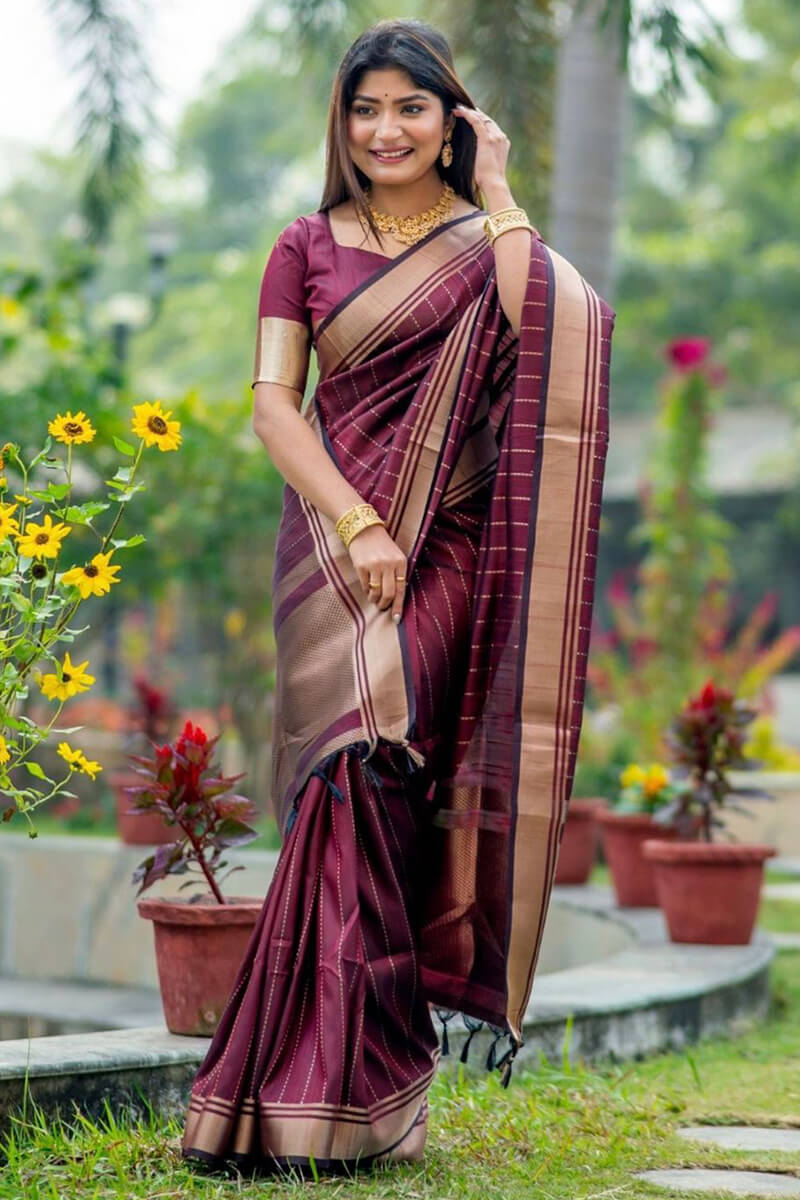 Gratifying Wine Soft Silk Saree With Woebegone Blouse Piece