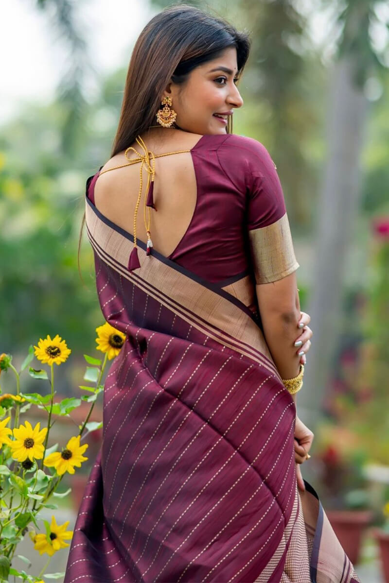 Gratifying Wine Soft Silk Saree With Woebegone Blouse Piece