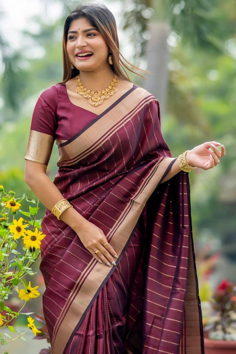 Gratifying Wine Soft Silk Saree With Woebegone Blouse Piece