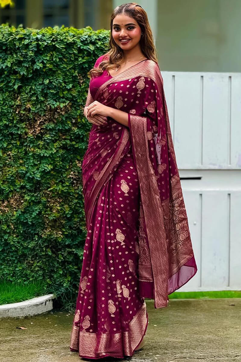 Trendy Wine Soft Silk Saree With Gleaming Blouse Piece