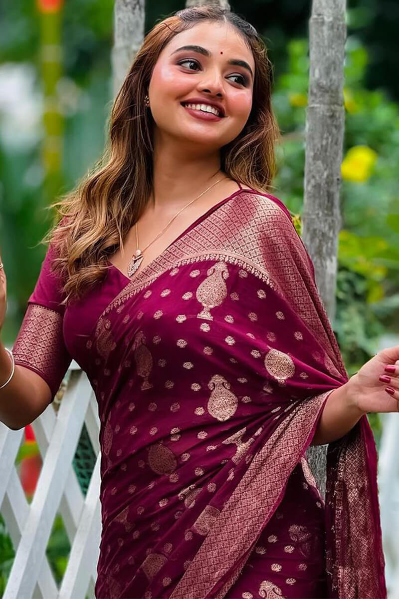 Trendy Wine Soft Silk Saree With Gleaming Blouse Piece