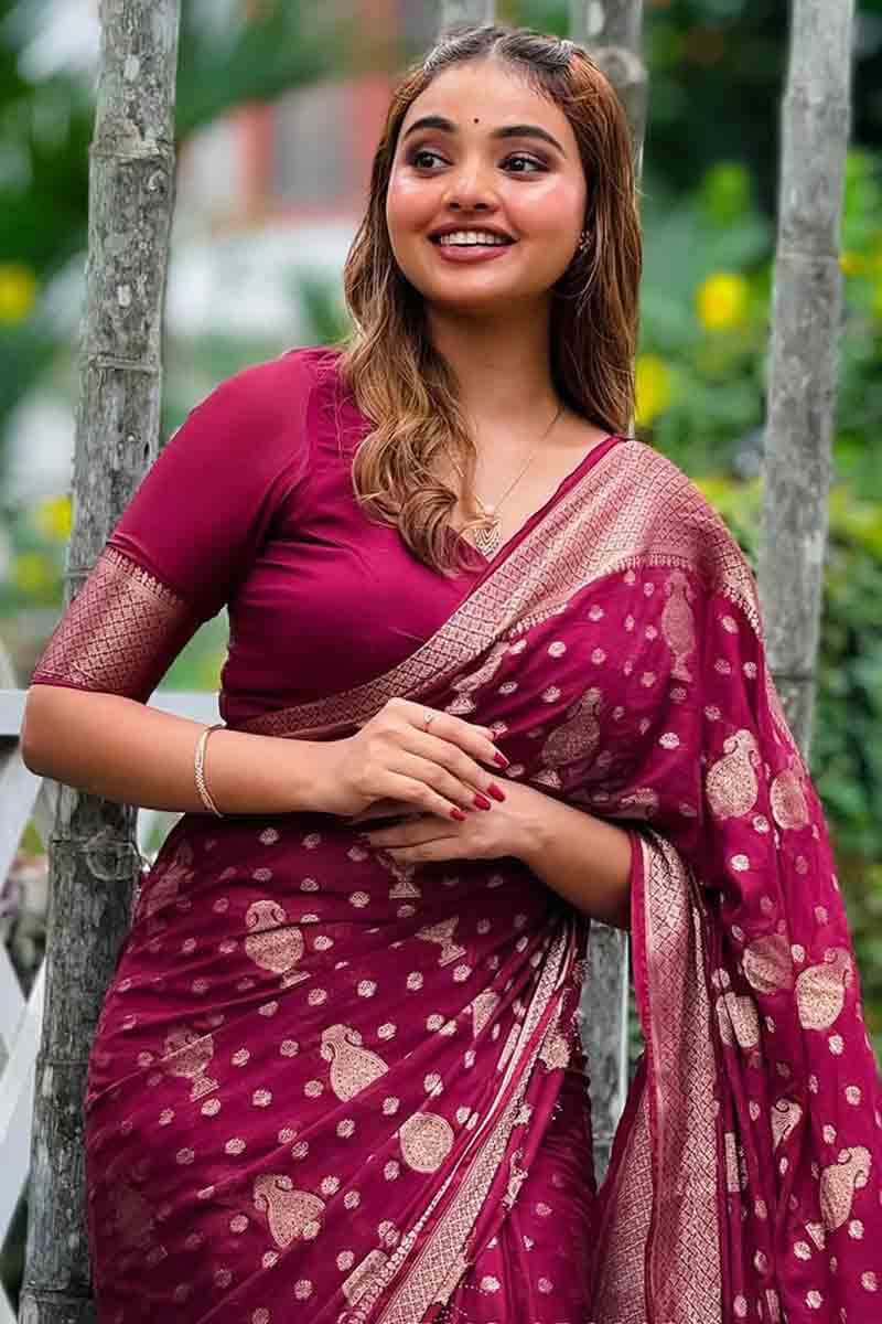 Trendy Wine Soft Silk Saree With Gleaming Blouse Piece