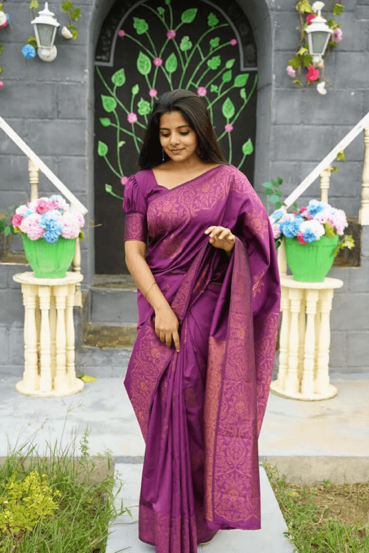Verdant Purple Soft Silk Saree With Eclat Blouse Piece
