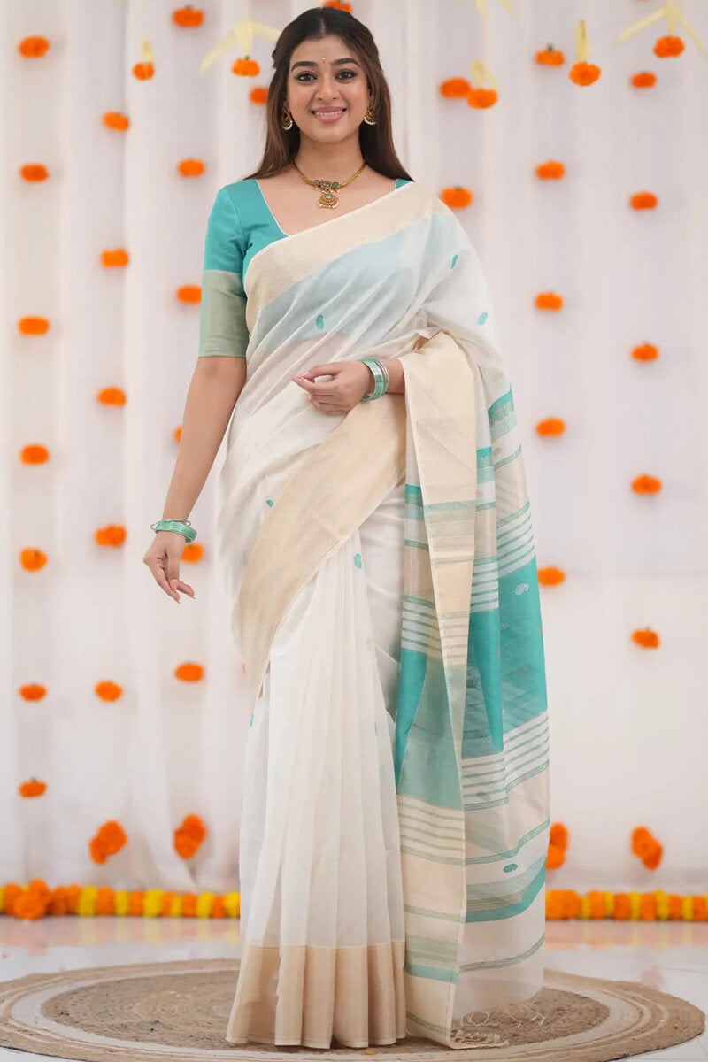 Skinny Beige Cotton Silk Saree With Zephyr Blouse Piece