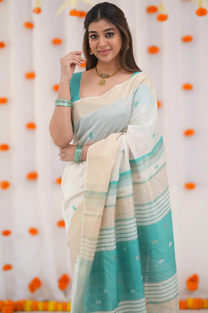 Skinny Beige Cotton Silk Saree With Zephyr Blouse Piece