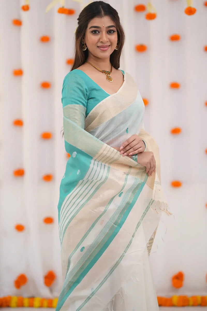 Skinny Beige Cotton Silk Saree With Zephyr Blouse Piece