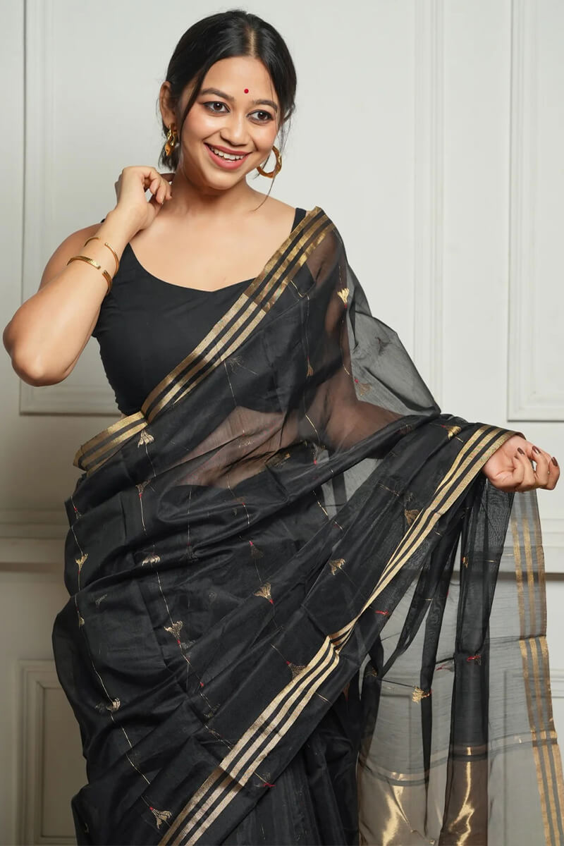 Prodigal Black Cotton Silk Saree With Elegant Blouse Piece
