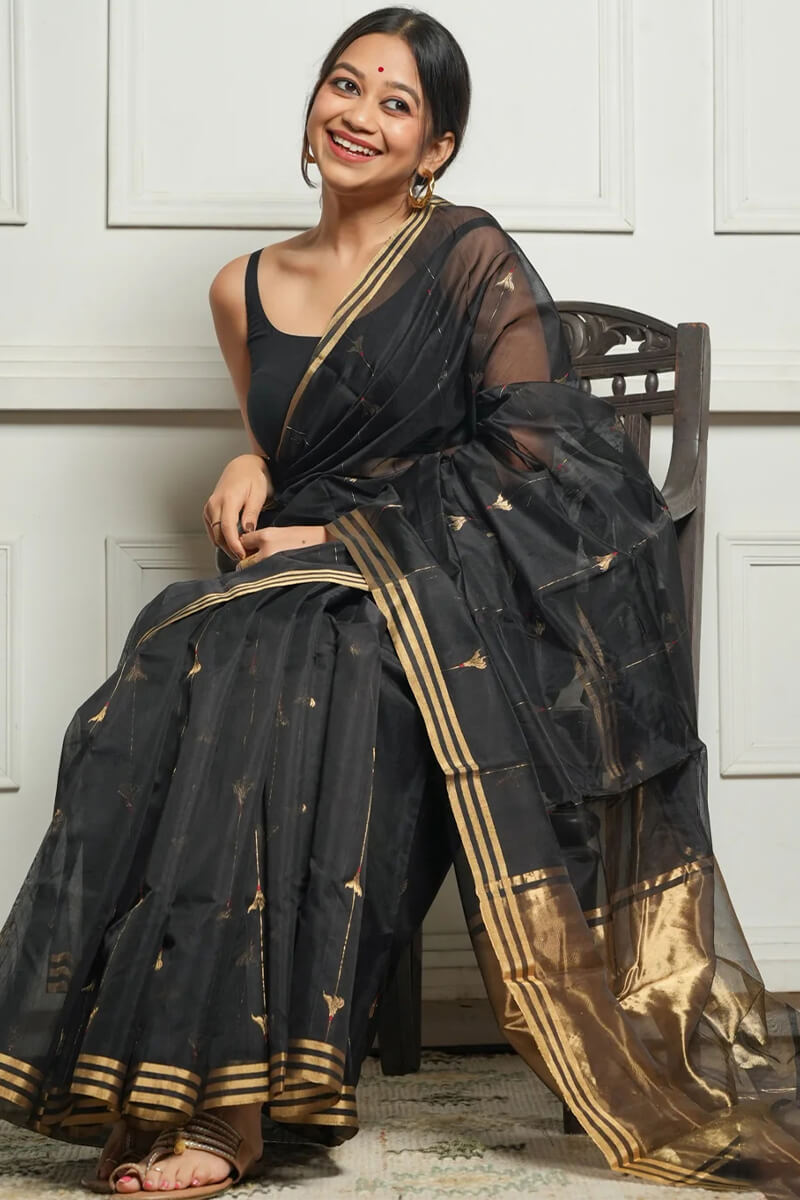 Prodigal Black Cotton Silk Saree With Elegant Blouse Piece