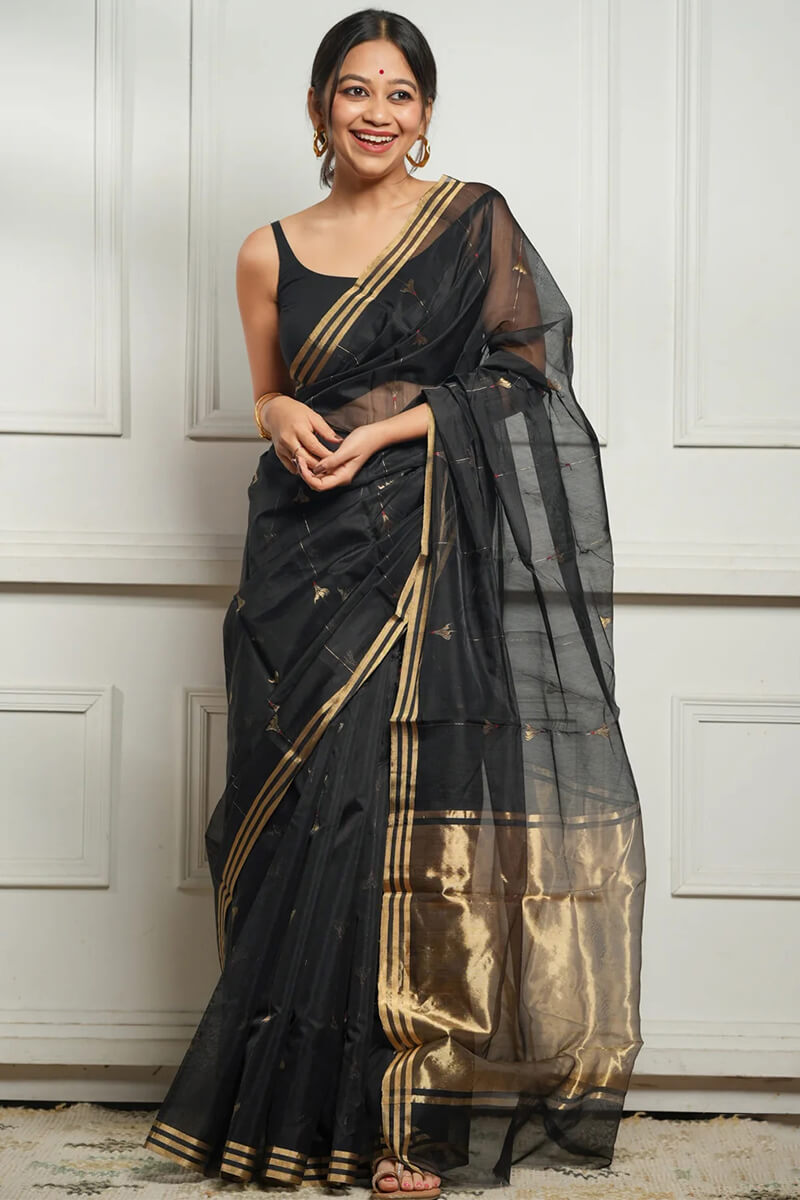 Prodigal Black Cotton Silk Saree With Elegant Blouse Piece