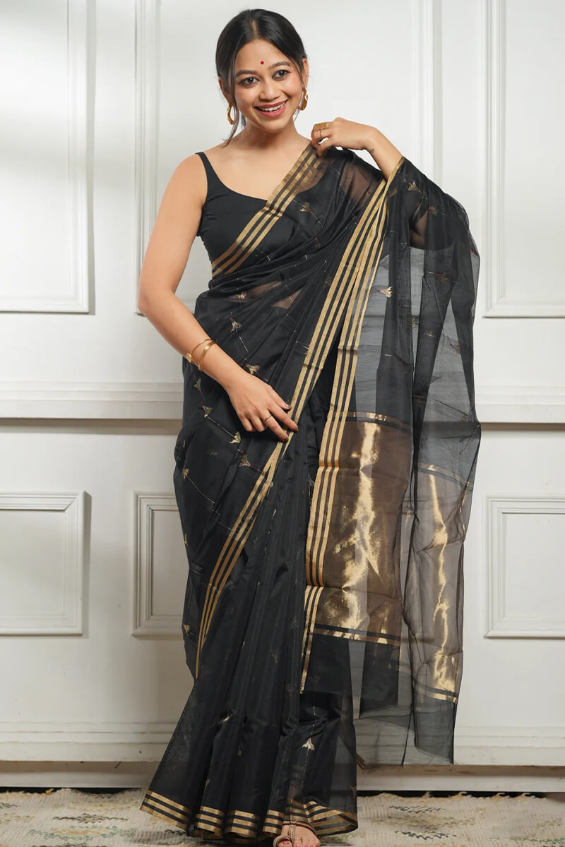 Prodigal Black Cotton Silk Saree With Elegant Blouse Piece