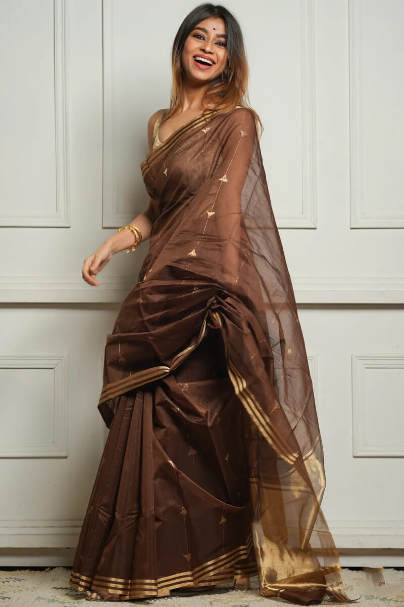 Fragrant Brown Cotton Silk Saree With Enthralling Blouse Piece