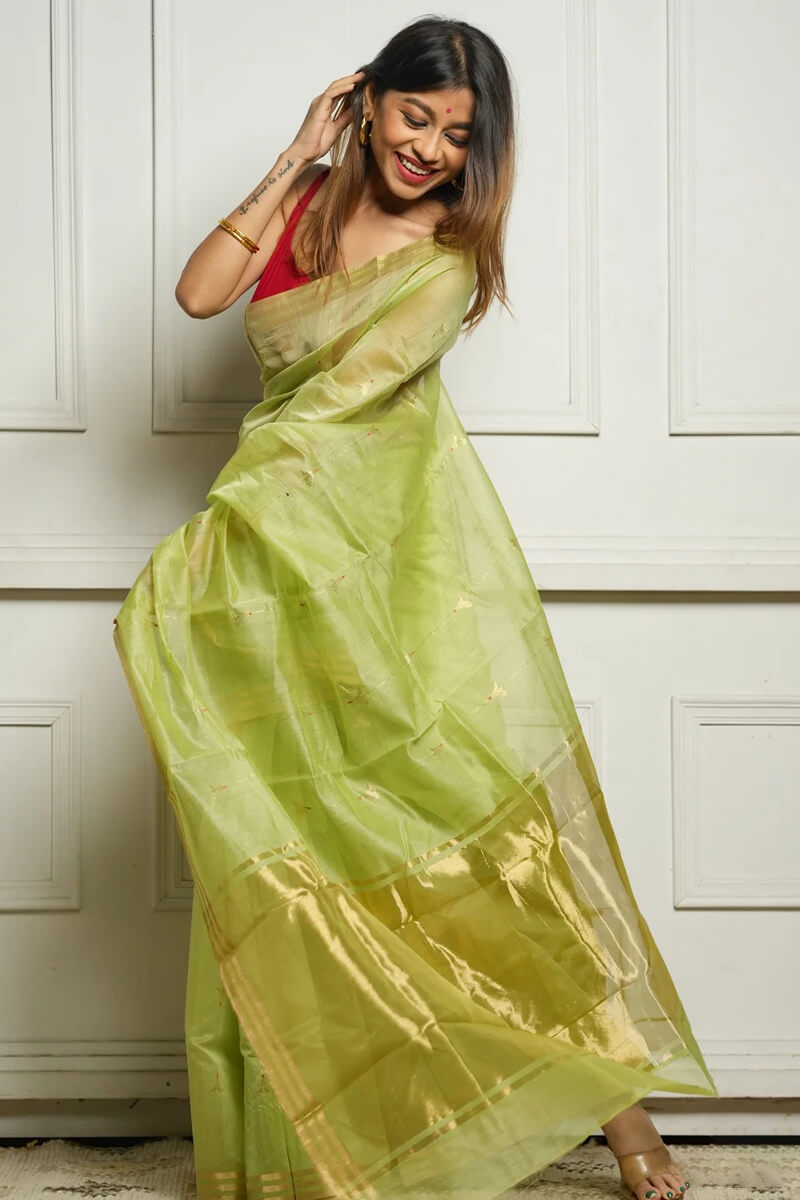 Enigmatic Pista Cotton Silk Saree With Efflorescence Blouse Piece