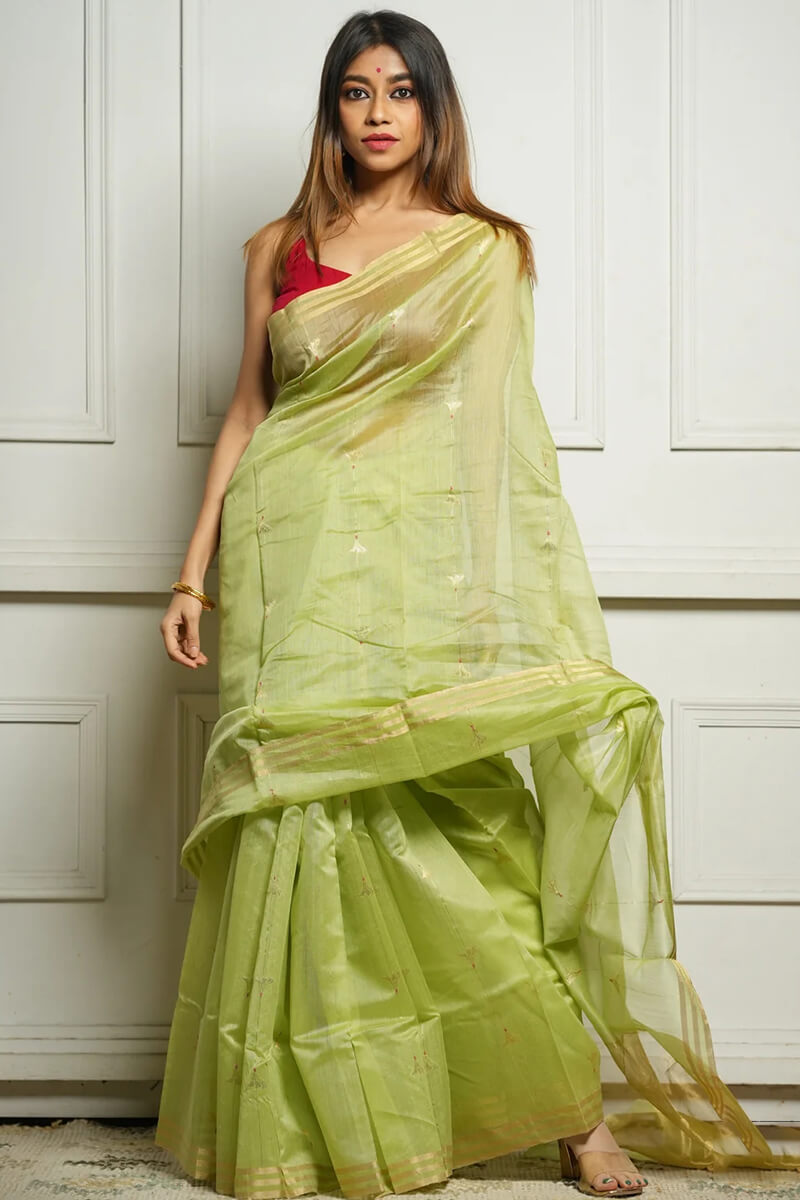 Enigmatic Pista Cotton Silk Saree With Efflorescence Blouse Piece