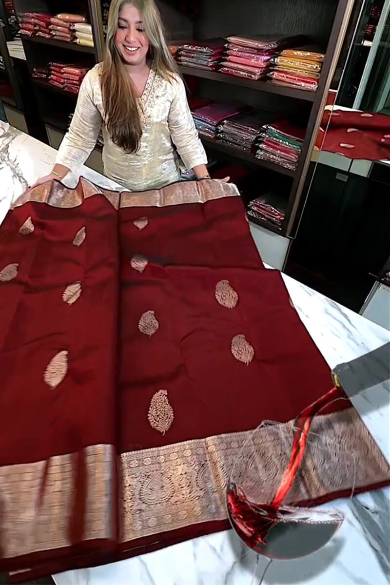 Charming Wine Soft Banarasi Silk Saree With Preferable Blouse Piece