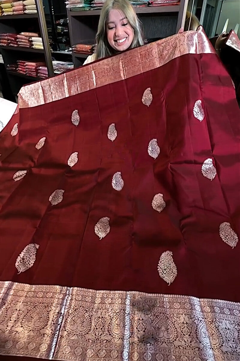 Charming Wine Soft Banarasi Silk Saree With Preferable Blouse Piece