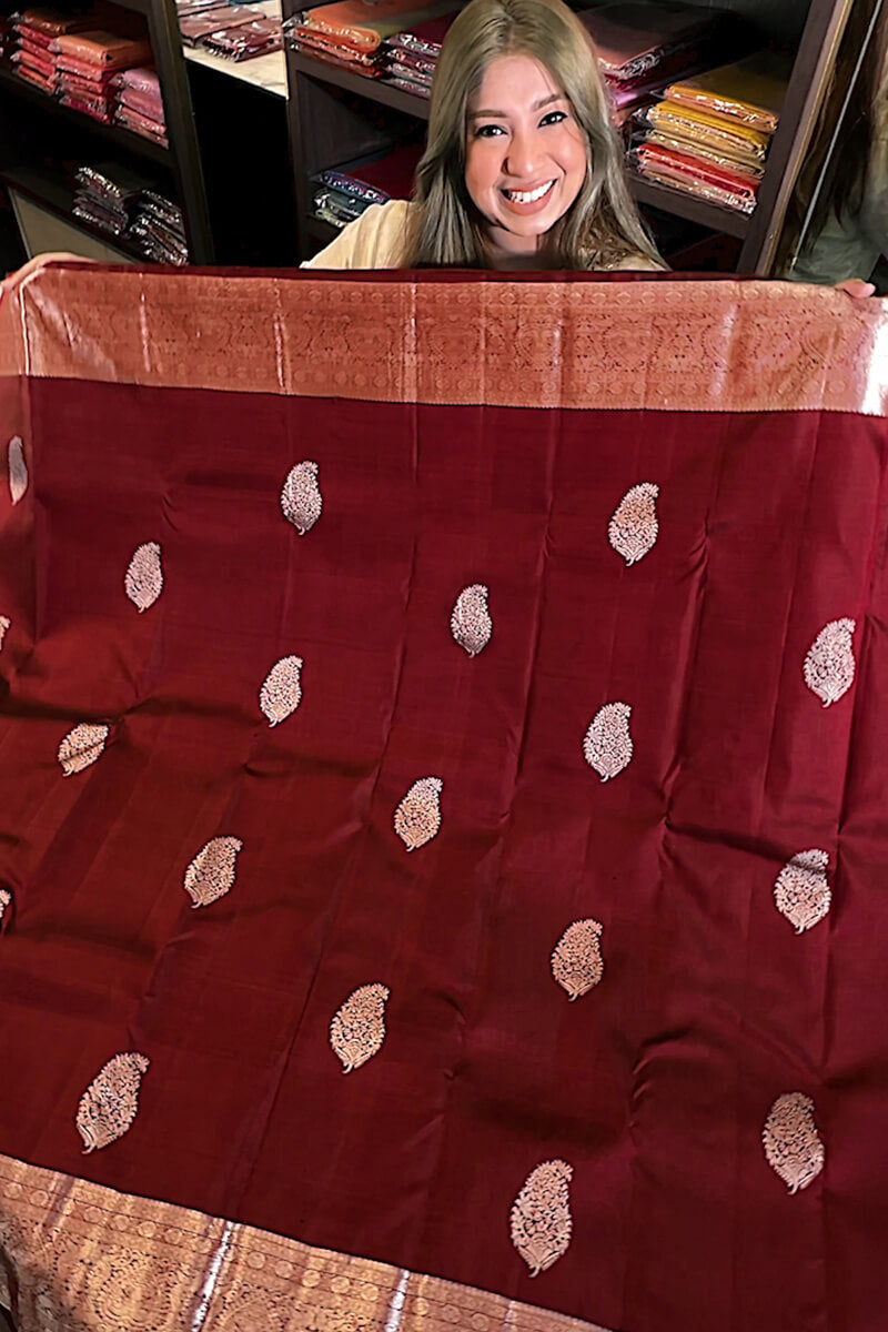 Charming Wine Soft Banarasi Silk Saree With Preferable Blouse Piece