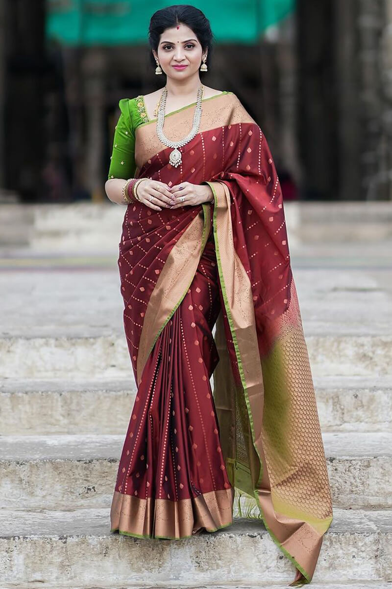 Entrancing Wine Soft Silk Saree With Lissome Blouse Piece