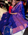 Symmetrical Royal Blue Soft Banarasi Silk Saree With Magnificat Blouse Piece