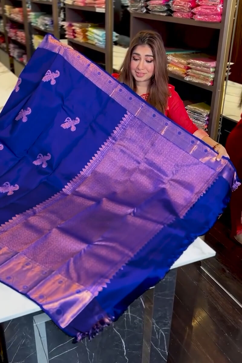 Symmetrical Royal Blue Soft Banarasi Silk Saree With Magnificat Blouse Piece